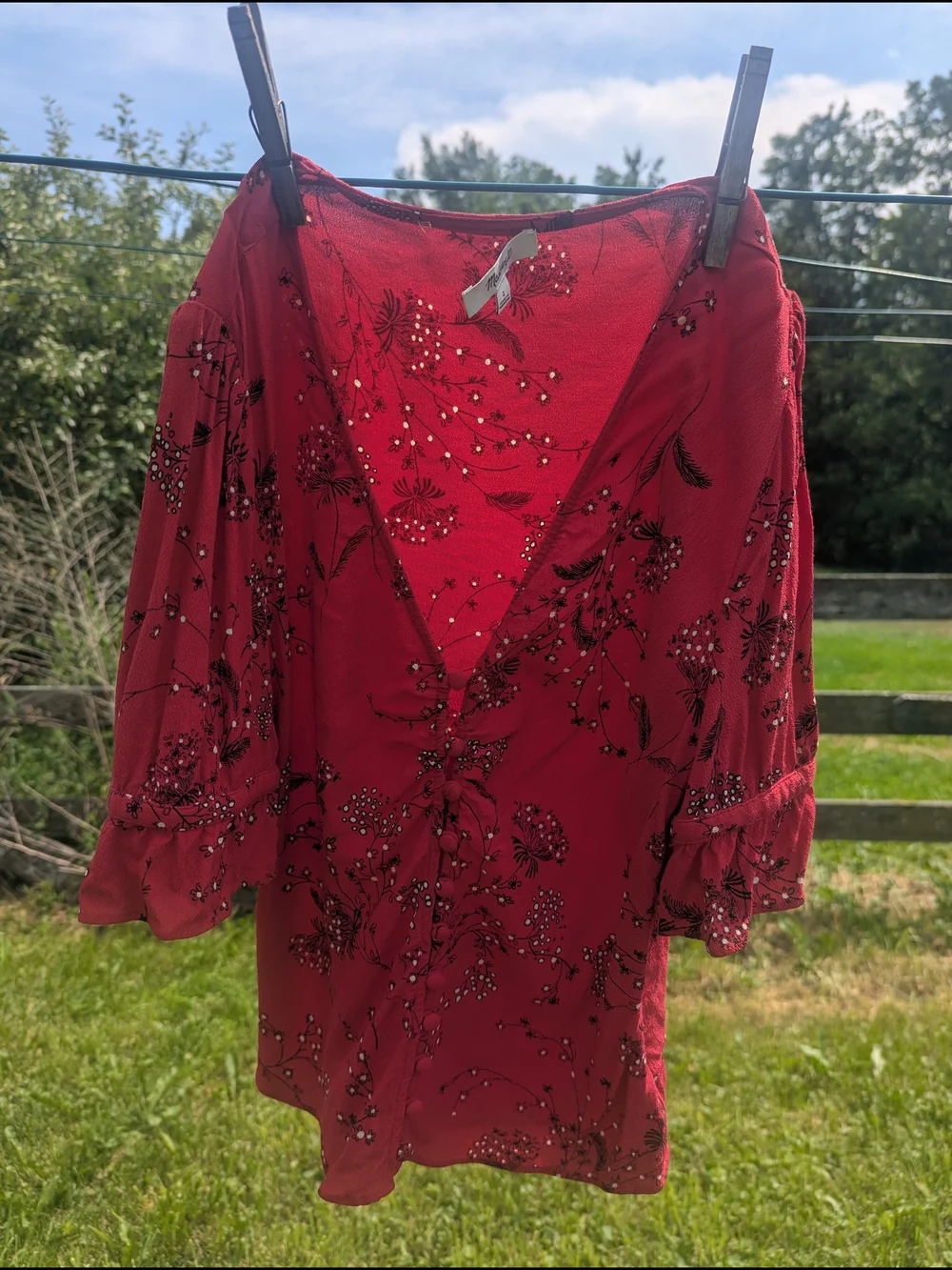 Madewell Red Floral Drawstring Ruched Short Sleeve Top